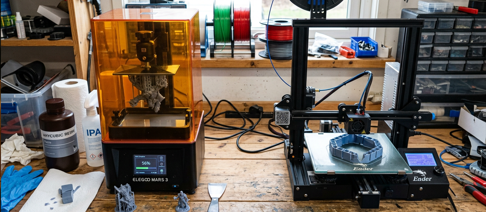 Side-by-side comparison of a resin 3D printer and a filament 3D printer
